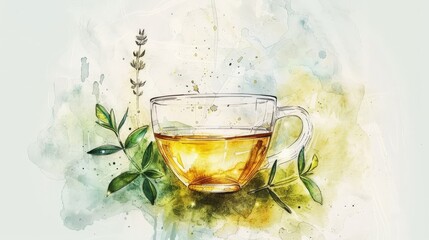 Herbal tea in a clear cup, surrounded by nature's elements. Serenity and health in a sip.
