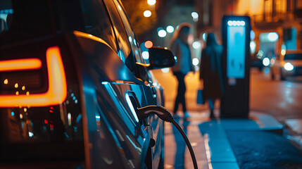 Electric car charging at night with city lights.