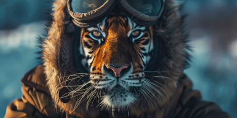 Magnificent tiger with goggles and fur coat standing in snowy field, surrounded by snow