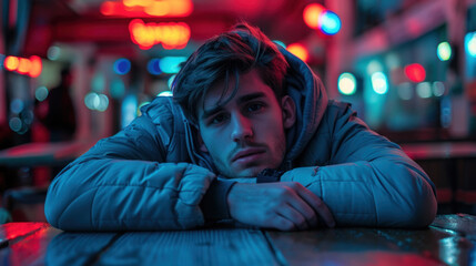 Obraz premium Young sad man in a bar