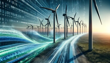 Wind Turbines and Digital Data Flow Concept
