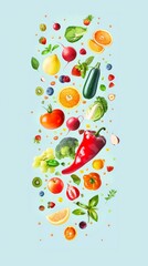 Levitating colorful fruits and vegetables on a cyan backdrop. Freshness and diet concept.