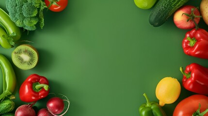 Healthy foods neatly organized in a frame on green background, concept of balanced diet.