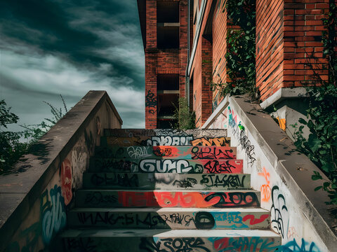 Escalera con grafitis en la ciudad, espacio abandonado