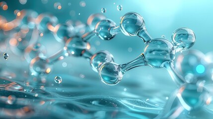 3D illustration of a water molecule, H2O, with a smooth liquid surface and a blurred background in blue tones.