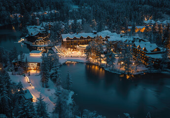 An aerial view of the exterior of an entire massive snowcovered Christmas themed hotel with lights, built on island in middle of lake surrounded by pine forest and mountains at night. - Powered by Adobe
