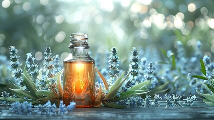 Close-up of a bottle of essential oil with lavender flowers and green leaves on a wooden table. - obrazy, fototapety, plakaty