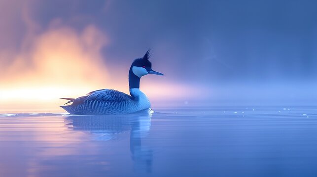 Western grebe in calm water at sunrise