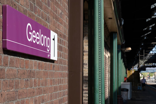 Geelong railway station building with train shed and purple PTV sign, located on the Warrnambool line in Victoria, Australia . March 04 2024