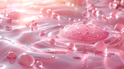 30 words or 130 characters for adobe stock title relate with image reference:..Water droplets falling into a pink liquid, creating a beautiful and delicate splash. - obrazy, fototapety, plakaty