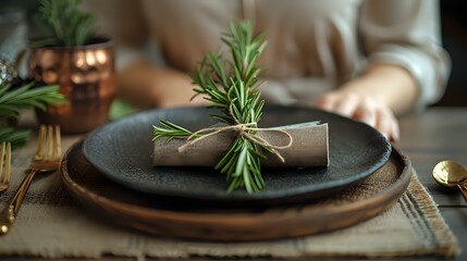 Casual Elegance: Table Setting with Gold Cutlery and Rosemary Sprig