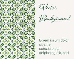 Vector background with a pattern in oriental style. Vector slabs with complex symmetrical patterns and space for text or advertising. Interweaving of green spring elements on a white background.