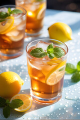 Summer lemon & mint iced tea in natural setting, great for café promotions and social media posts