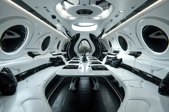Luxurious Private Jet Interior with Elegant Dining Area Featuring Table and Chairs in Black and White Photo