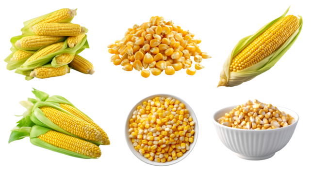 Corn vegetable fruit, many angles and view side top front cluster stalk group cut isolated on transparent background cutout, PNG file. Mockup template for artwork graphic design