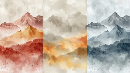 Triptych of abstract watercolor mountain landscapes with clouds in pink, orange and blue.