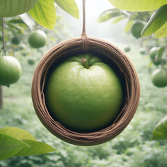 Fresh guava fruits with leaves isolated top view background Ai generative.