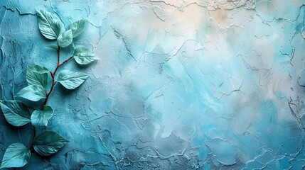 Blue textured background with green leaves.
