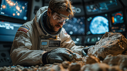 Fototapeta premium An astronaut in a spacesuit examines a rock sample on Mars.