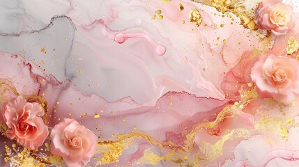 Pink and gold marble texture with roses.