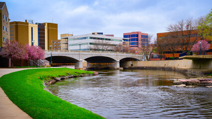 Sioux Falls City Skyline and Big Sioux Riverfront Trail Landscape in South Dakota, USA