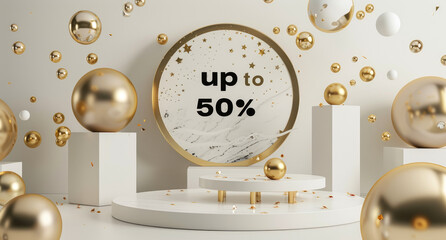 White podium with golden gifts for Black Friday super sale banner template design, text "up to 50% off" and "Black Friday"