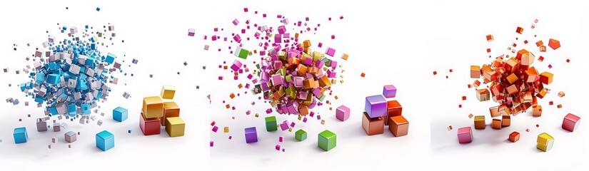  A set of icons, three-dimensional icons with colored cubes in the center and scattered around them small colorful particles, white background