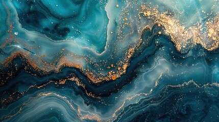 Abstract art with deep blue and green hues and golden glitter.