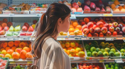 Contemplative woman in produce aisle. Healthy grocery shopping. Fresh fruits and vegetables choice.