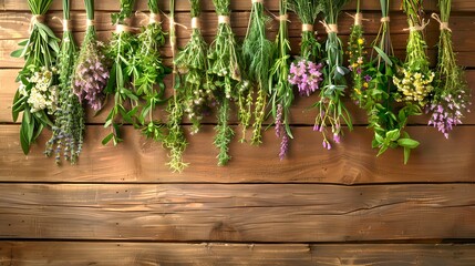 Various fresh herbs hanging on a wooden wall, drying process in natural light. Aromatic ingredients for cooking. Rustic farmhouse kitchen decor. Sustainable living concept. AI