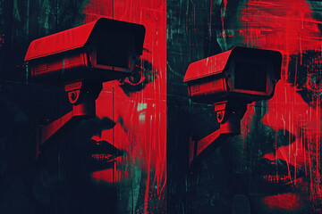 Two surveillance cameras in front of a wall with a woman's face painted on it