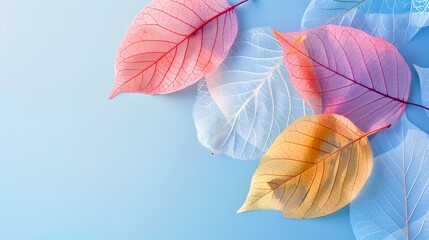 Vibrant Autumn Leaves on soft blue background, minimalist design. Nature's beauty captured in still life. Perfect for modern decor-related content. AI
