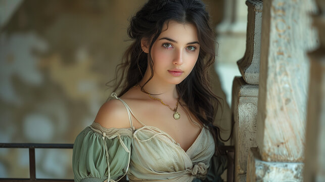 Portrait of a young courtesan woman. (Ai generated)

