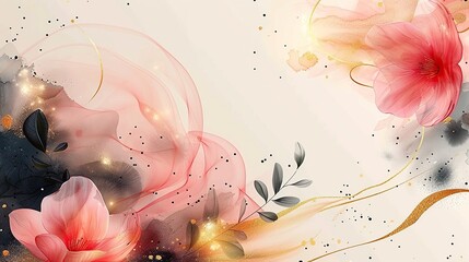 Pink and gold abstract floral background. Watercolor and alcohol ink.
