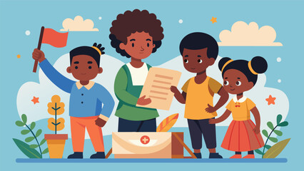 Children creating artwork depicting the Emancipation Proclamation and its role in the Juneteenth celebrations.. Vector illustration