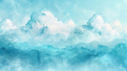 Serene blue sky watercolor background with white clouds and a hint of mountains in the distance.