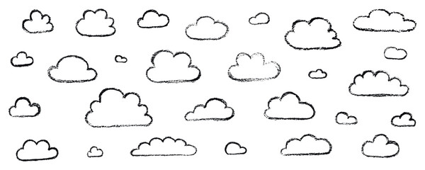 Chalk grunge cloud set. Hand drawn vector stock kid crayon illustration isolated on white background for design template art children education material, weather forecast, business presentation. 