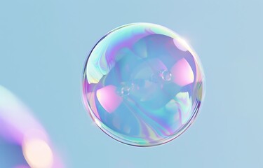 A transparent soap bubble is flying through the air against a light blue background