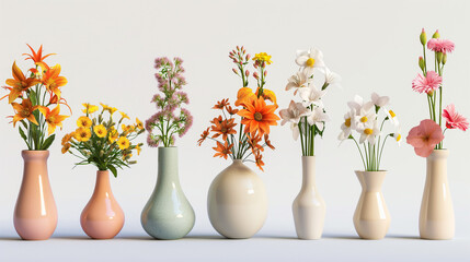 showcases of vases, each with a unique shape and color,  The arrangement exudes simplicity and elegance, with the flowers adding a burst of life to the