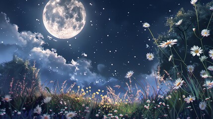 Enchanted garden fireworks, floral explosions, soft moonlight, wideangle