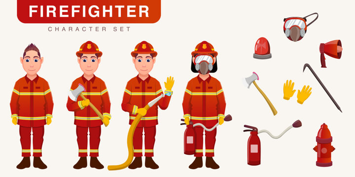 firefighter character set, Male firefighter ready-to-use character set.
