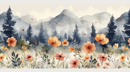 Watercolor painting of a mountain landscape with wildflowers in the foreground.