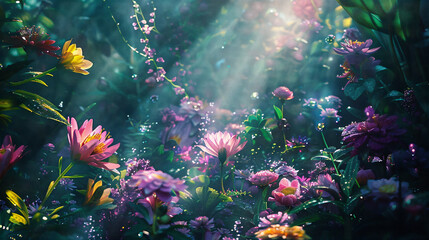 Shining Flowers, Enchanting Moonbeams, Botanical Scene, glistening Morning 