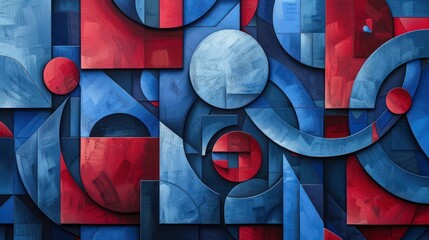 Fototapeta premium Abstract Painting of Blue, Red, and Grey Shapes