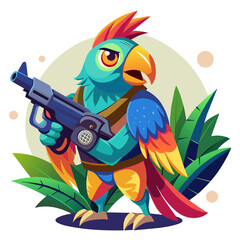 Vibrant parrot holding a sleek gun, capturing the juxtaposition of nature and weaponry