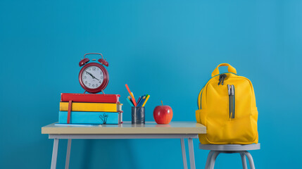 Obraz premium School Essentials with Backpack and Alarm Clock on Desk Against Blue Wall