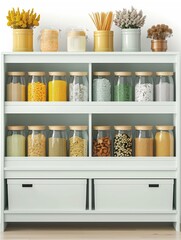 Well-organized modern pantry featuring labeled glass jars filled with various dry foods, such as pasta, rice, and legumes, arranged neatly on wooden shelving with decorative plants