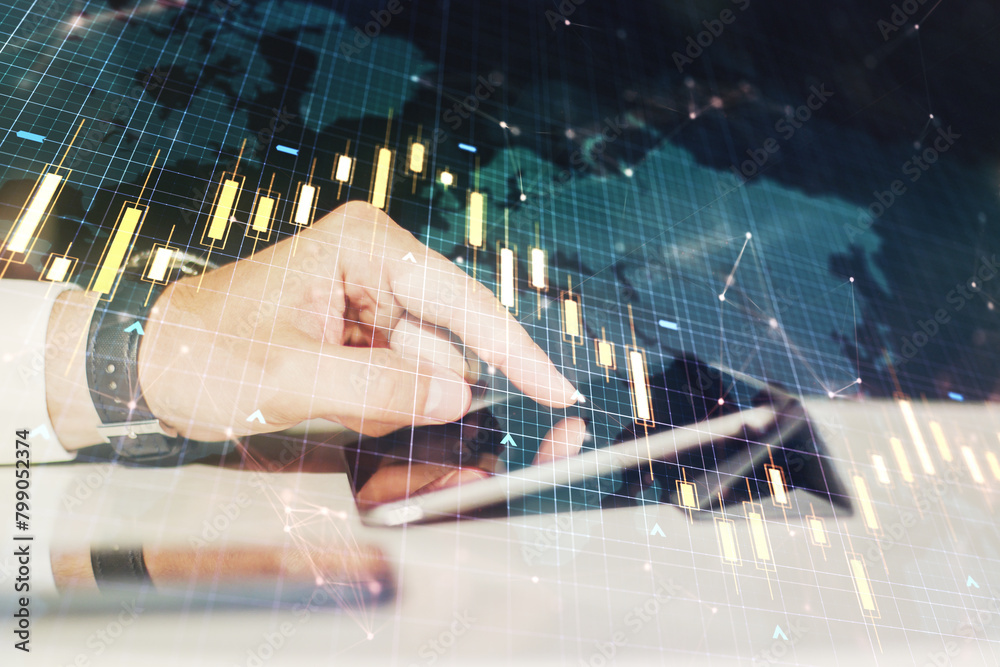 Poster double exposure of abstract creative financial chart with world map and with finger clicks on a digi