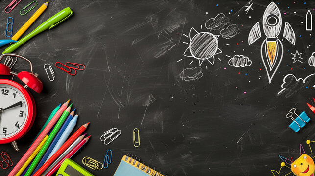 Creative Chalk Drawings on Blackboard with School Supplies.