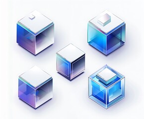 A blue isometric icon of three cubes, each with rounded corners and rounded edges, filled in a light gray gradient color. The box on the left has an open lid, while the two boxes behind it top closed.